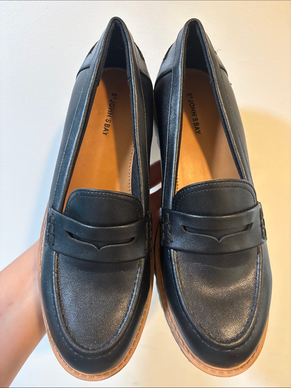 St. John's Bay Black Leather Penny Loafers with Brown Trim